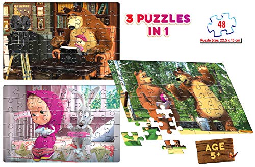 Image of Frank Cat;Dinosaur Puzzle for 4+ Years, Set of 4 & Masha and The Bear 3 in 1 Puzzle for 5 Year Old Kids and above, Pack of 1, Multicolor