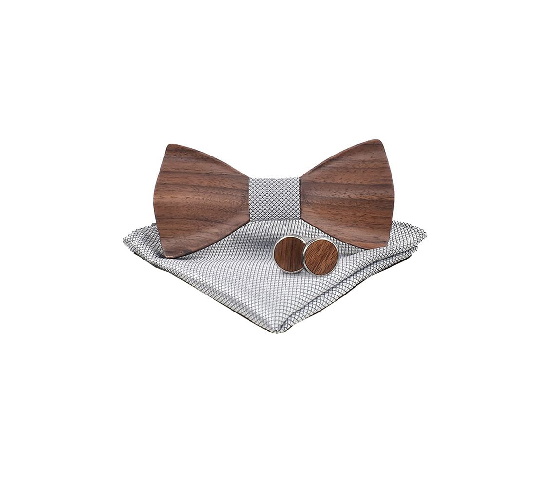 Desconocido Gemelos clásicos de madera para hombre, pajarita de novio, padrino, pajarita, juego de pañuelo cuadrado a juego con caja de regalo, gris, talla única