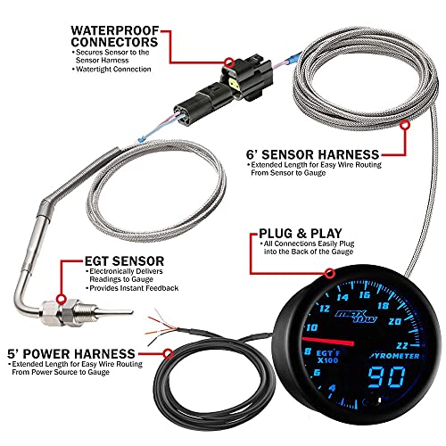 Maxtow Double Vision 2200 F Pyrometer Exhaust Gas Temperature Egt Gauge Kit - Includes Type K Probe - Black Gauge Face - Blue Led Dial - Analog & Digital Readouts - For Gas Trucks - 2-1/16" 52Mm #TOP1