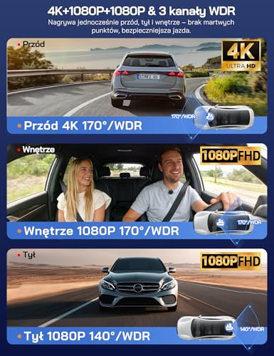 WOLFANG Kamera samochodowa 4K 3-kanałowa z matrycą 3,19" IPS, superwidocznością w nocy, nagrywaniem w pętli, czujnikiem G, szerokim kątem widzenia 170°, ochroną parkingową, sterowaniem przez aplikację