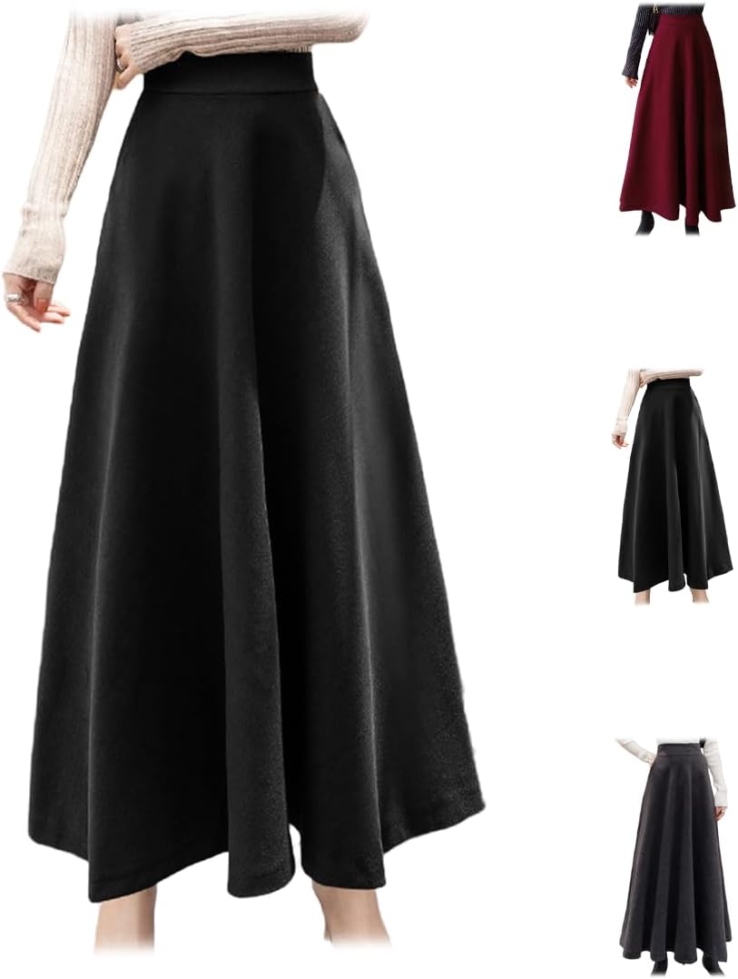 Women's Wool Blend Solid Color Pencil Skirt, Retro High-Waisted A-line Long Skirt