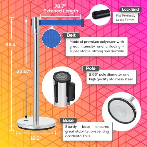 Image of DuraSteel Chrome Crowd Control Barriers Stanchions with Retractable Belts - Metal Stanchion Posts w / 6.5ft Blue Retractable Barrier Belt Ropes - Queue VIP Safety Line Dividers - Set of 2 Stantions