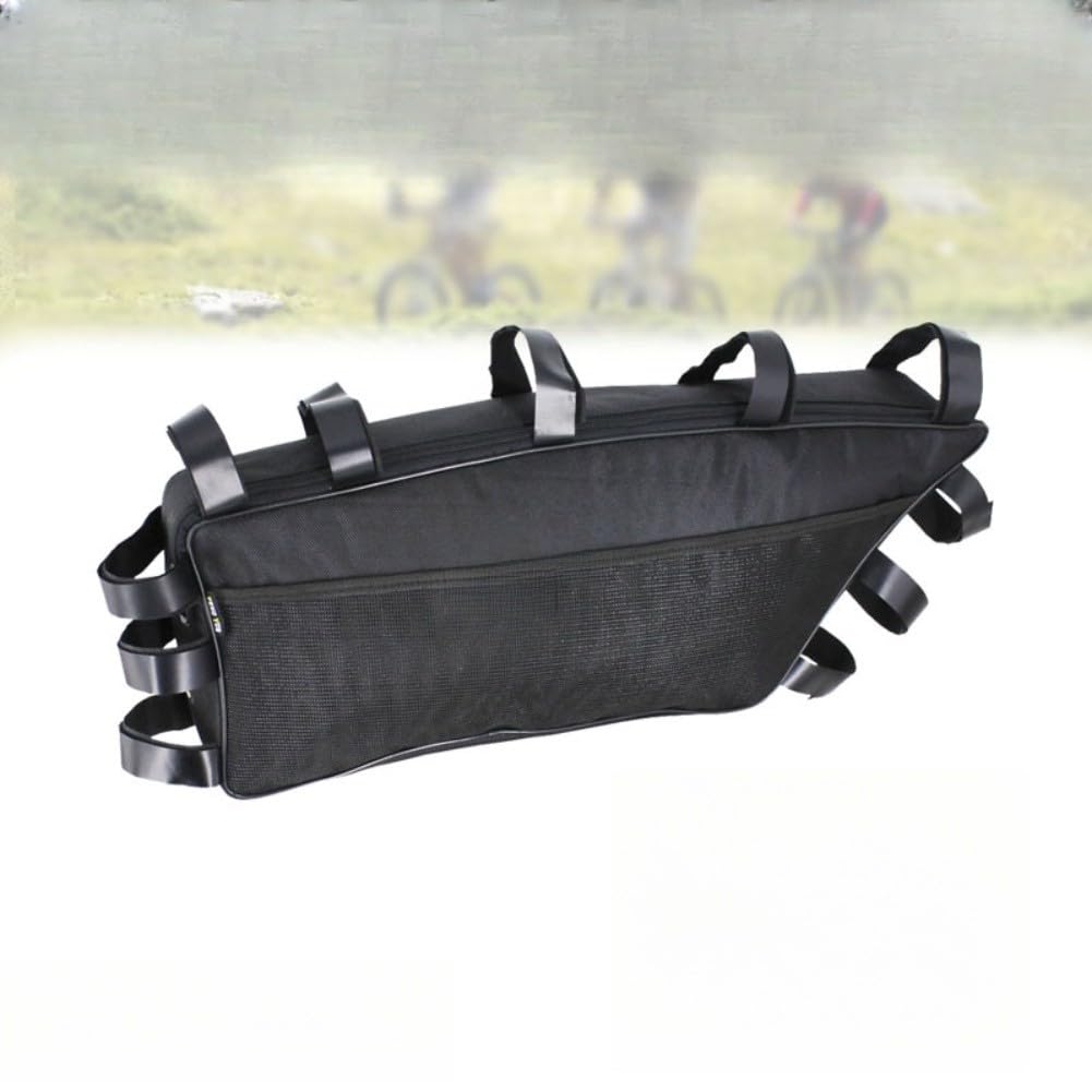 Fahrrad-Dreiecktasche, robuste 1680D-Nylon-E-Bike-Akku-Rahmen-Tasche mit Metallauslassloch, 38 x 11 x 14 cm, schwarzer Stauraum für Mountainbike, Rennrad
