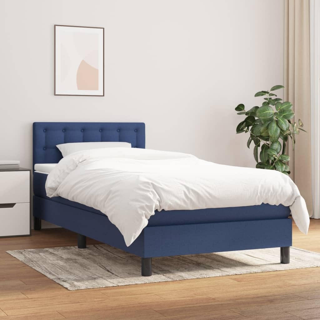 Cama con somier con colchón de muelles ensacados y soporte de dureza media en azul, 90 x 190 cm