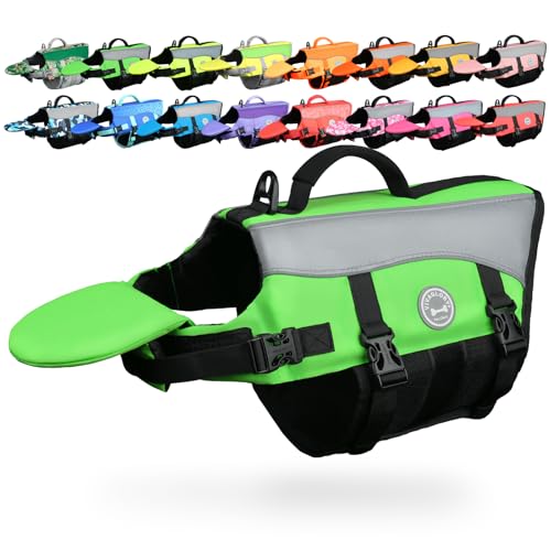 Image of VIVAGLORY Dog Life Vest Front Float Dog Swim Vest, M, Bright Green | Life Jacket with Chin Float & Handle for Swimming & Boating, High Visibility Adjustable for Doggy Cat Puppy