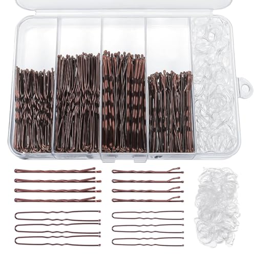 Image of MAYCREATE 300pcs Bobby Pins Hair Pins U Pins with Mini Rubber Hair Ties, Stylish Brown Metal Bobby Pins for Updos, Holding Stray Strands, Hair Accessories Hair Pins for Girls Women