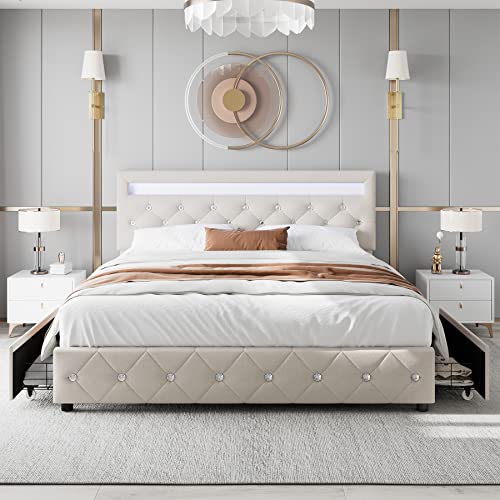 Keyluv Full Size Led Bed Frame With 4 Storage Drawers, Velvet Upholstered Platform Bed With Adjustable Crystal Button Tufted Headboard And Solid Wooden Slats Support, No Box Spring Needed, Beige #TOP2