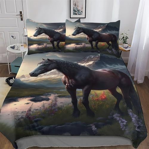 LCWWW Juego de ropa de cama con diseño de caballo 3D, funda de edredón de 3 piezas con fundas de almohada para adultos, adolescentes y niños, funda de edredón suave para cama doble (200 x 200 cm)