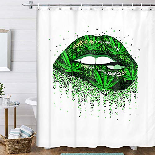 Dynh Girl Lips Shower Curtain, Green Cannabis Weed Leaf Shower Curtain, Women Sexy Lips Marijuana Leaf Hemp Leaf Hippe Shower Curtains, Fabric Bathroom Curtain With Hooks (69"X70") #TOP19