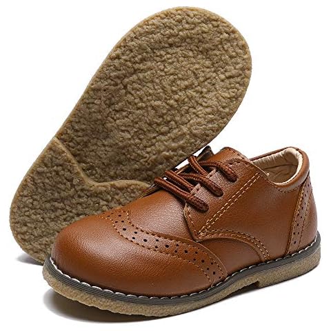 Timatego Toddler Boys Girls Oxford Shoes PU Leather Lace Up School Loafer Flats Baby Infant Uniform Dress Shoes(Toddler/Little Kid) 8 Toddler, 01 Brown Cover