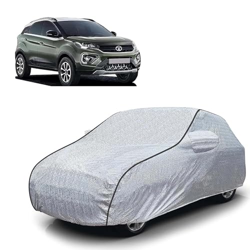 Image of Sulfar 100% Waterproof Car Body Cover Compatible with Mirror for Tata Nexon (Triple Stitched, Full Bottom Elastic, Magic Silver with Black Piping)