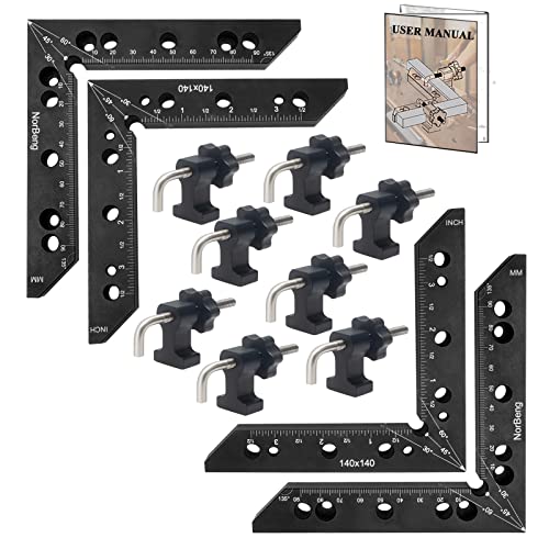 NorBeng 90-Grad-Positionierungswinkel, Winkelklemme, Tischlerwerkzeug für Holzbearbeitung, Bilderrahmen, Box, Schränke, Schubladen, 4 Quadrate (140 mm) + 8 Sets Klemmblock Cover