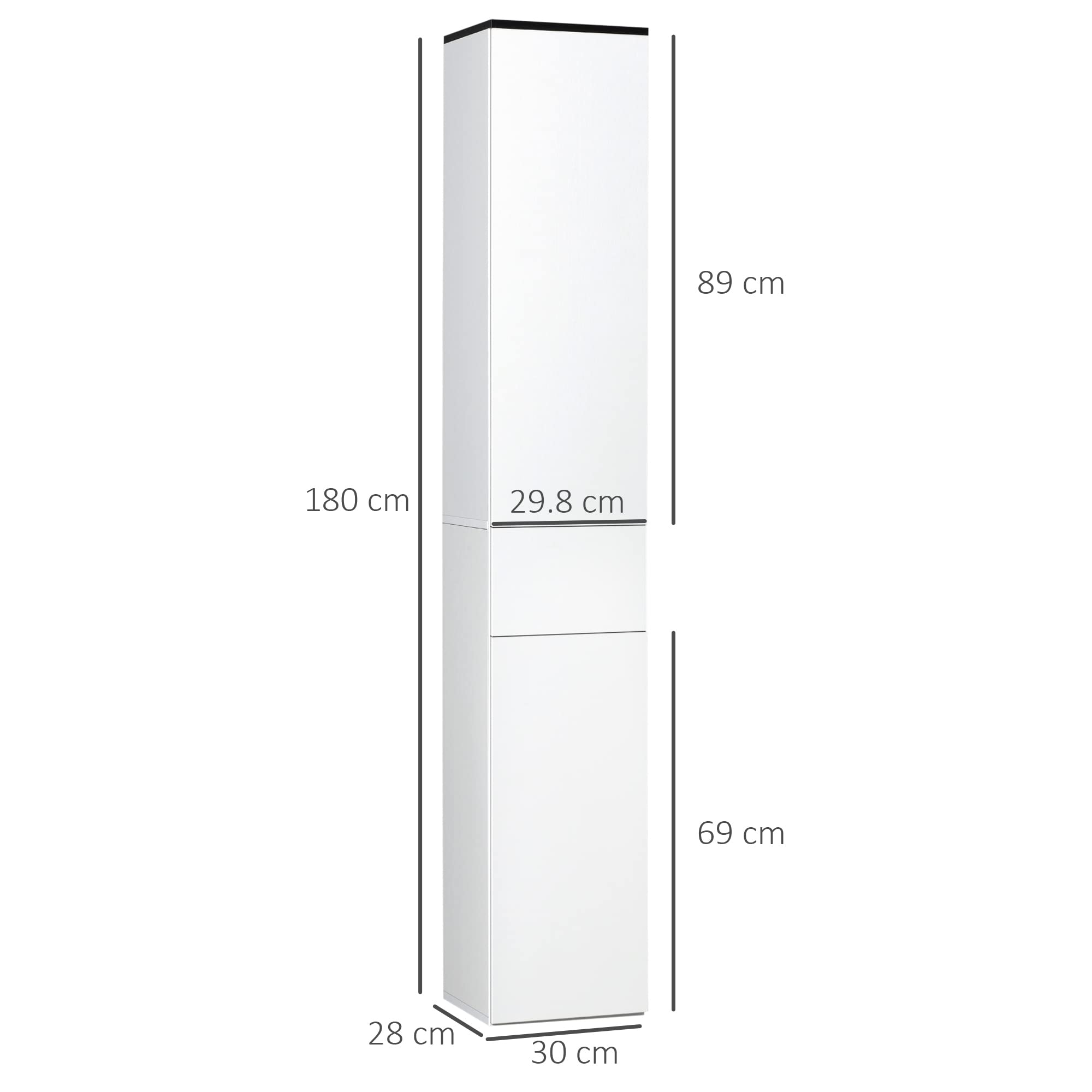 kleankin Colonna Bagno con 2 Armadietti e Cassetto, Mobile Bagno Alto, Mobiletto Bagno Salvaspazio con 2 Ante, Ripiani Regolabili in Legno, 30x28x180 cm, Bianco
