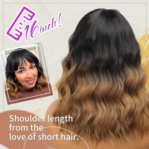 nnzes short wavy wig with bangs for women shoulder length bob curly women39s charming synthetic wigs with natural wavy black to brown heat resistant hair for daily party use