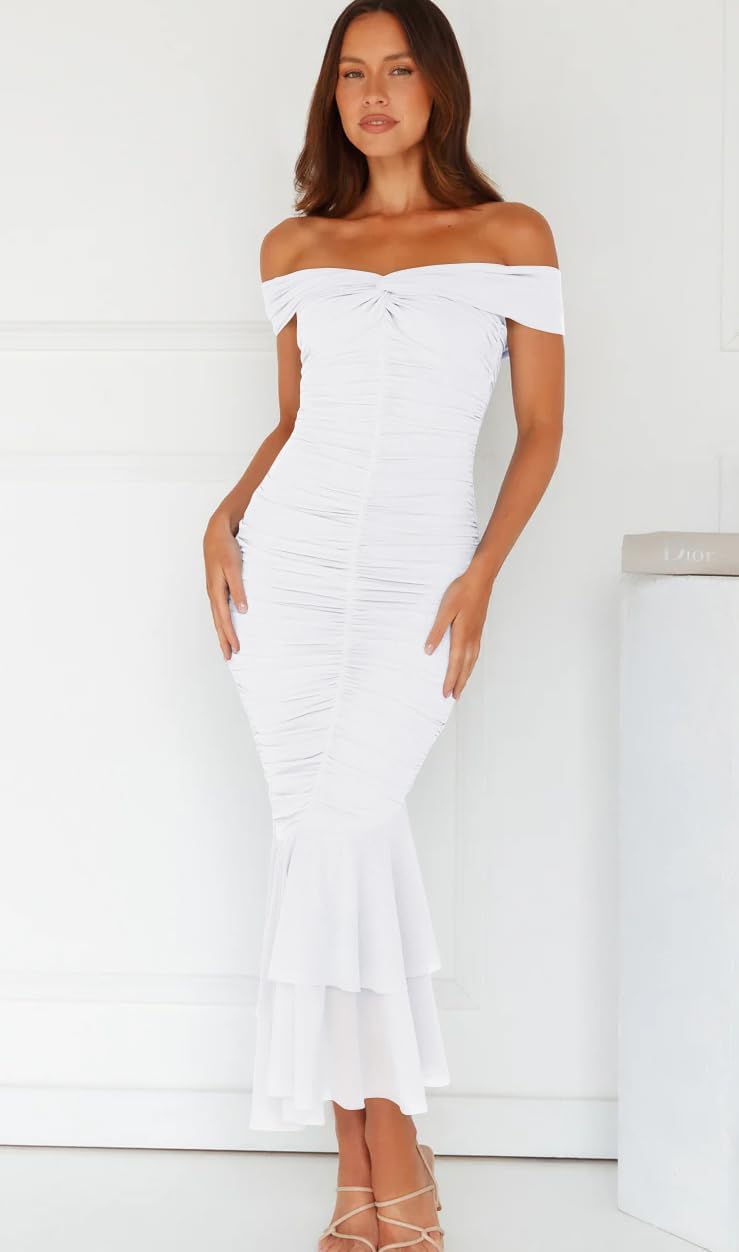 GOBLES Women's Sexy Off The Shoulder Slim Fitting Ruffle Buttom Ruched Bodycon Midi Party Dress - Image 6