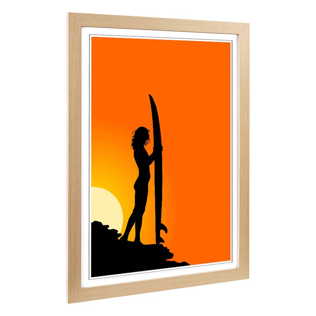 Big Box Art Framed Print of Surfer Surfboard Surfing Sunset Design | Wall Art Picture | Home Decor for Kitchen, Living Room, Bedroom, Hallway, Oak, A2 / 24.5x18 Inch / 62x45cm