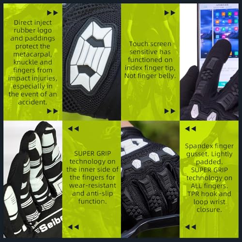 Image of Seibertron Unisex MX ATV MTB Racing Gloves - Full Finger Touchscreen Glove for Bicycle Cycling Mountain Biking Motorcycle and Motocross Black XXL