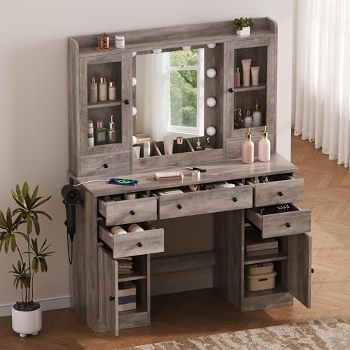 Image of HUANLEGO Grey Vanity Desk with Mirror and Lights for Girls Women | Makeup Vanity Mirror with Lights, LED RGB Lights Strip, Power Outlet, 7 Drawers, 2 Storage Cabinets, 3 Color Modes Adjustable