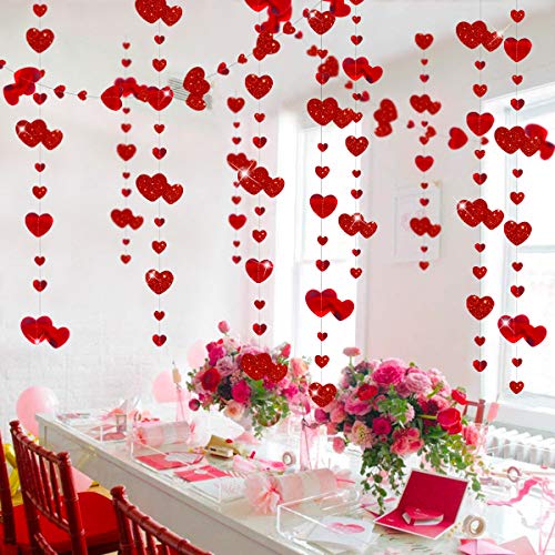 Image of 52Ft Valentines Day Party Decorations Red Heart Garland Metallic Glitter Hanging Heart Streamer Banner for Anniversary Mother's Day Engagement Wedding Bridal Shower Bachelorette Hen Party Supplies
