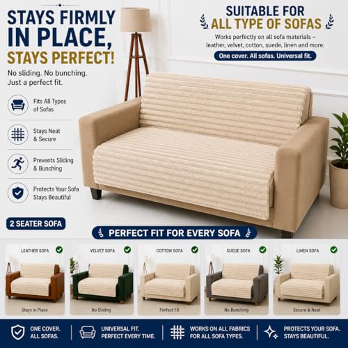 Image of Homerz Premium Rabbit Fur Sofa Cover with Anti-Skid Backing, Soft Plush Fabric Sofa Protector for Living Room Furniture (Beige, 2 Seater, Seat Cover with Backrest)
