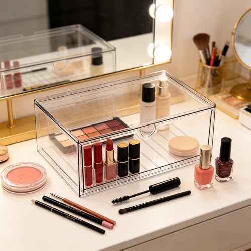 Image of Prsildan Acrylic Makeup Organizer Stackable Clear Storage Drawers for Baby Bottles Desk Organizers for Countertop Vanity Nursery Adjustable Modular System for Cosmetics Jewelry