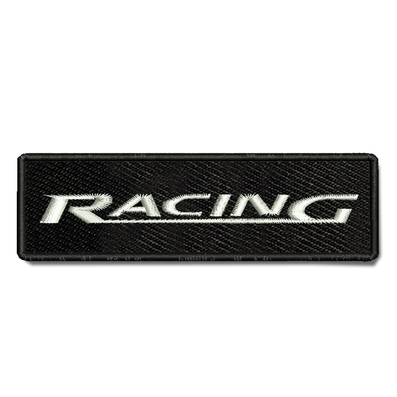 ISEE 360 Line Racing Theme Embroidered Sewable Applique Patches for Riders Boys Girls Kids Jackets Jeans Bags Clothes Dress Any Garments Etc L x H 4 x 1.25 inches (White)