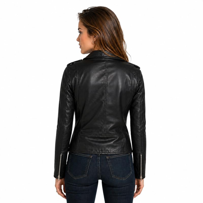 URBAN 5884 Damska kurtka skórzana z prawdziwej skóry jagnięcej, kurtka motocyklowa Amy Slim Fit, asymetryczny zamek błyskawiczny, miękka skóra, czarna, czarny, 5XL