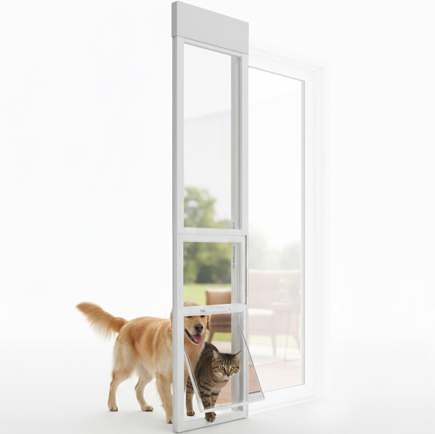 Anti-Shatter Dog Door for Sliding Glass Door,White Sliding Glass Dog Door Insert with Adjustable Height 76.8" to 82.7", No-Cut DIY Installation,Aluminum Frame & Secure Lock for Large Dogs