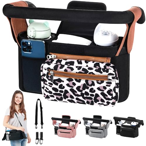 HINATAA Organiseur de poussette pour bébé avec 2 porte-gobelets, organisateur de poussette avec bandoulière et 2 crochets sécurisés, accessoires de...