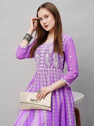 Image of ANNI Designer Women's Georgette Regular Fit Chikankari Embroidered Anarkali Kurti