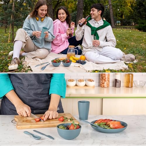 Belle Vous 4-tlg. Camping Geschirr aus Kunststoff - Campinggeschirr Set enthält Schüssel Teller Becher Messer Gabel Löffel - Camping-Geschirr Set - Picknick Geschirr - Navy Blau