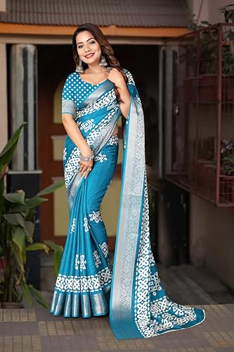 Image of Dola Silk Saree with Blouse Piece Intricate White Art Print and Zari Border | Perfect for Festive Occasions | Dola Silk | Silk Saree | Cotton Silk Saree | Silk Saree Collection.