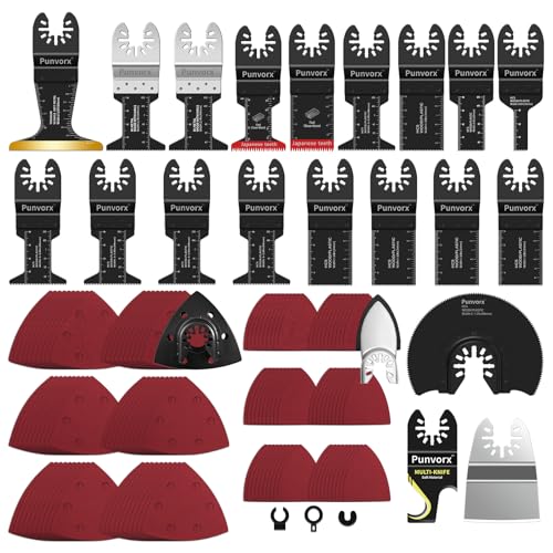Punvorx 142Pcs Multi Tool Blades Metal Wood Nails Cutting with 68MM Titanium Blades 5 Width HCS Blades Sandpapers Hook Knife Blades Quick Release Compatible with Milwaukee Ryobi Dremel Rockwell