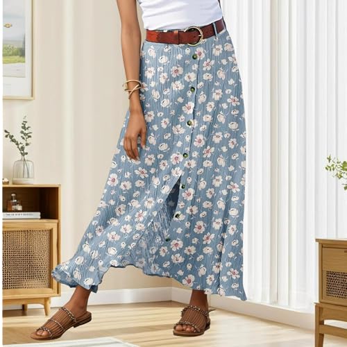 Womens Casual Floral Button Front Split Maxi Skirt High Waist Long Flowy A Line Vintage Skirts Summer Boho Beach Skirts3