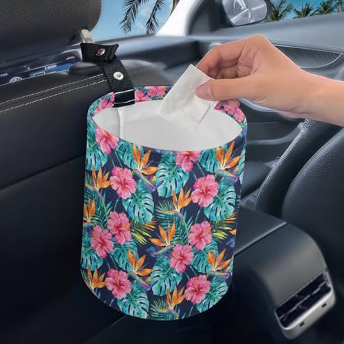 Image of Tropical Floral Portable Dustbin Bin Waste Basket Palm Leaves Car Accessories Interior Collapsible Universal for Car SUV Trucks