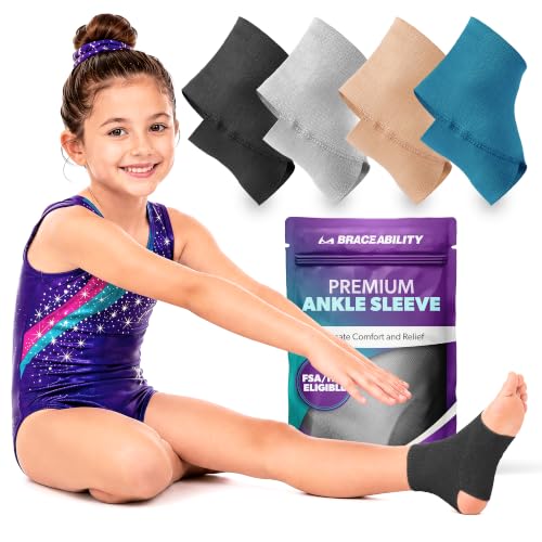 Image of BraceAbility Kids Ankle Compression Sleeve, Youth Ankle Support Brace for Gymnastics, Dance, Cheer, Sprained Ankle Swelling, Ankle Wrap for Kids, Boys and Girls (Small - Black)