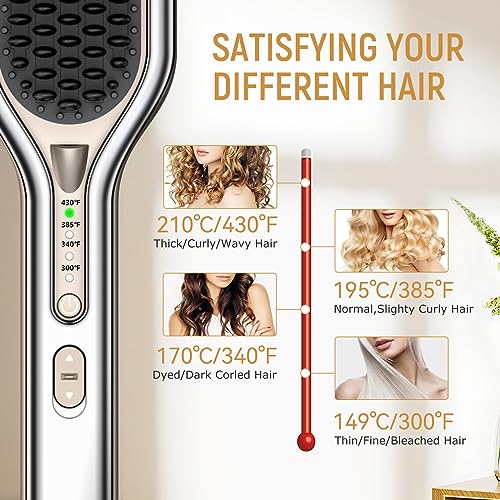 Hair Straightener Brush Ceramic | Negative Ionic Ring Straightening Comb | Natural Hairstyles Heat Brush Dual Voltage Fast Heat-Up with Dense Bristles, 4 Temps, Anti-Scald & Auto-Off - Thumbnail 2