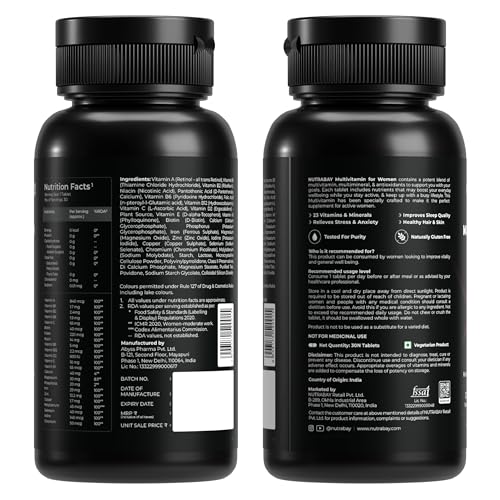 Image of Nutrabay Pro Active Multivitamin for Women - Effective Doses of Iron, Vitamin A, B5, B6, C, D, E & K and Minerals - Immunity, Hair, Skin & Bone Support - 30 Tablets | 100% RDA Dosage | Purity Tested