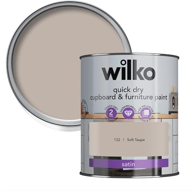 wilko Quick Dry Cupboard & Furniture Soft Taupe Paint, Hardwearing Quick Dry Furniture Paint, Satin Finish Furniture Paint, 750ml
