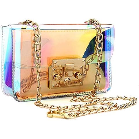 Holographic Clear Purse Crossover Shoulder Messenger Bag Laser Sling Purse with Golden Chain (Medium) Cover