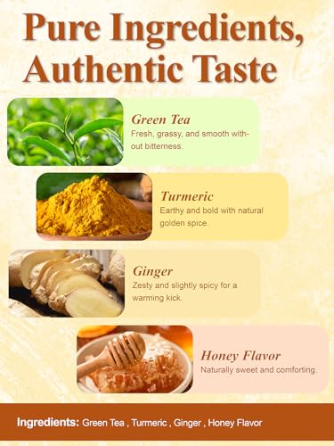 Image of LOOMICA Honey Turmeric Ginger Green Tea, Naturally Caffeinated, Smooth Green Tea Blend with Golden Spice & Honey Flavor, Naturally Uplifting, No Artificial Sugar Added, 20 Count