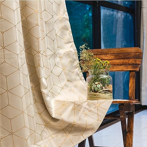 Image of Urban Space Blackout Curtain for Living Room, Gold Foil Printed Luxurious 80-85% Blackout Decorative Curtain, Eyelet with Tieback Curtains for Home Decor, 1 Piece (Hexagon Beige, Window 5 x 4ft)