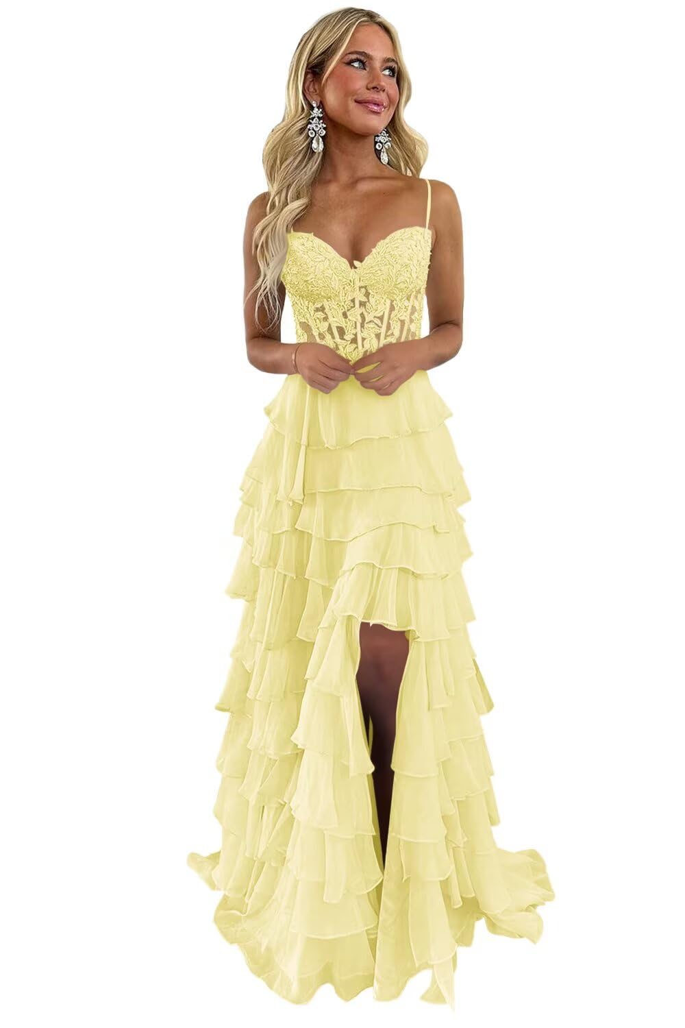 Tiered Prom Dress Lace Applique Corset Spaghetti Straps Ruffle Chiffon Formal Evening Gowns with Slit