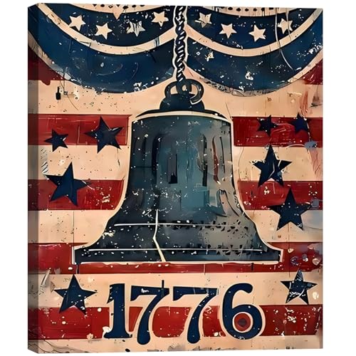 Image of RIBNTAK Made in USA Rustic 1776 Liberty Bell with American Flag Canvas, Retro Patriotic Sign Artwork for 4th of July, Independence Day, Memorial Day Home Decoration