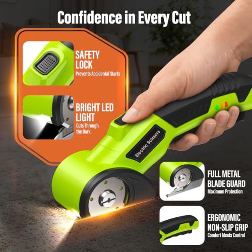 Image of Cordless Cardboard Cutter with 3 Tungsten Steel Blades, 2500mAh Battery, LED Light, High-Torque Motor, Electric Scissors for Fabric, Cardboard, Leather, Carpet, Rechargeable Cutting Tool (Green)