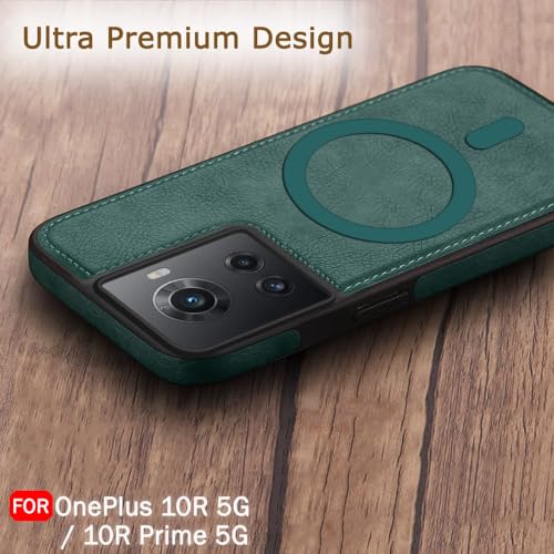 Image of TheGiftKart Genuine Leather Finish Back Cover Case for OnePlus 10R 5G / 10R Prime 5G | Raised Edges for Camera & Screen Protection | Shockproof Stunning Minimalist Design (MagSafe Compatible, Green)