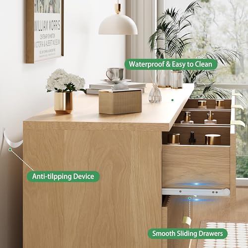 Image of Fluted Dresser for Bedroom with 9 Drawers, 57 inch Wide Modern Chest of Drawers with Metal Handle, Wooden Dresser TV Stand, Wood Closet Clothes Storage Organizer for Living Room, Hallway, Natural Oak