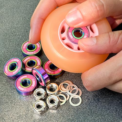 Naivskb Skateboard Bearings 8mm 8 Pack w/Locknuts Washers Skateboards Longboards Cruisers Surfskates Scooters Roller Skates (Neon Pink)