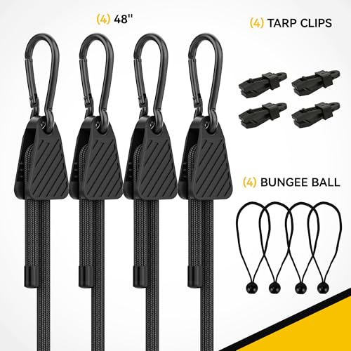 Image of Rugtol Bungee Cords with Hooks, Upgrade 12pcs Assortment Heavy Duty Outdoor with 48'' Adjustable Bungee Cords Carabiner Black, 6'' Canopy Tarp Ball Ties and Tarp Clips for Tents, Cargo, Camping
