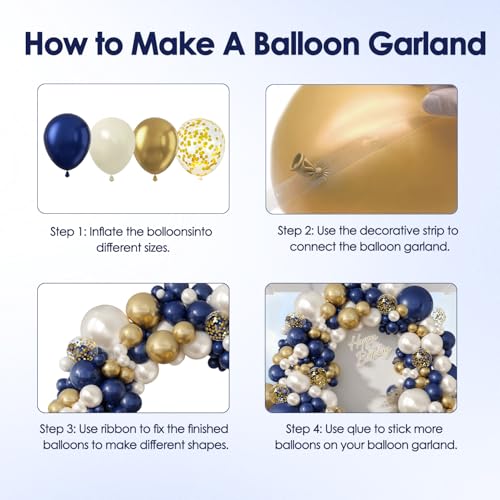 Image of Navy Blue Gold White Balloon Arch Kit 129 Pcs Double Stuffed